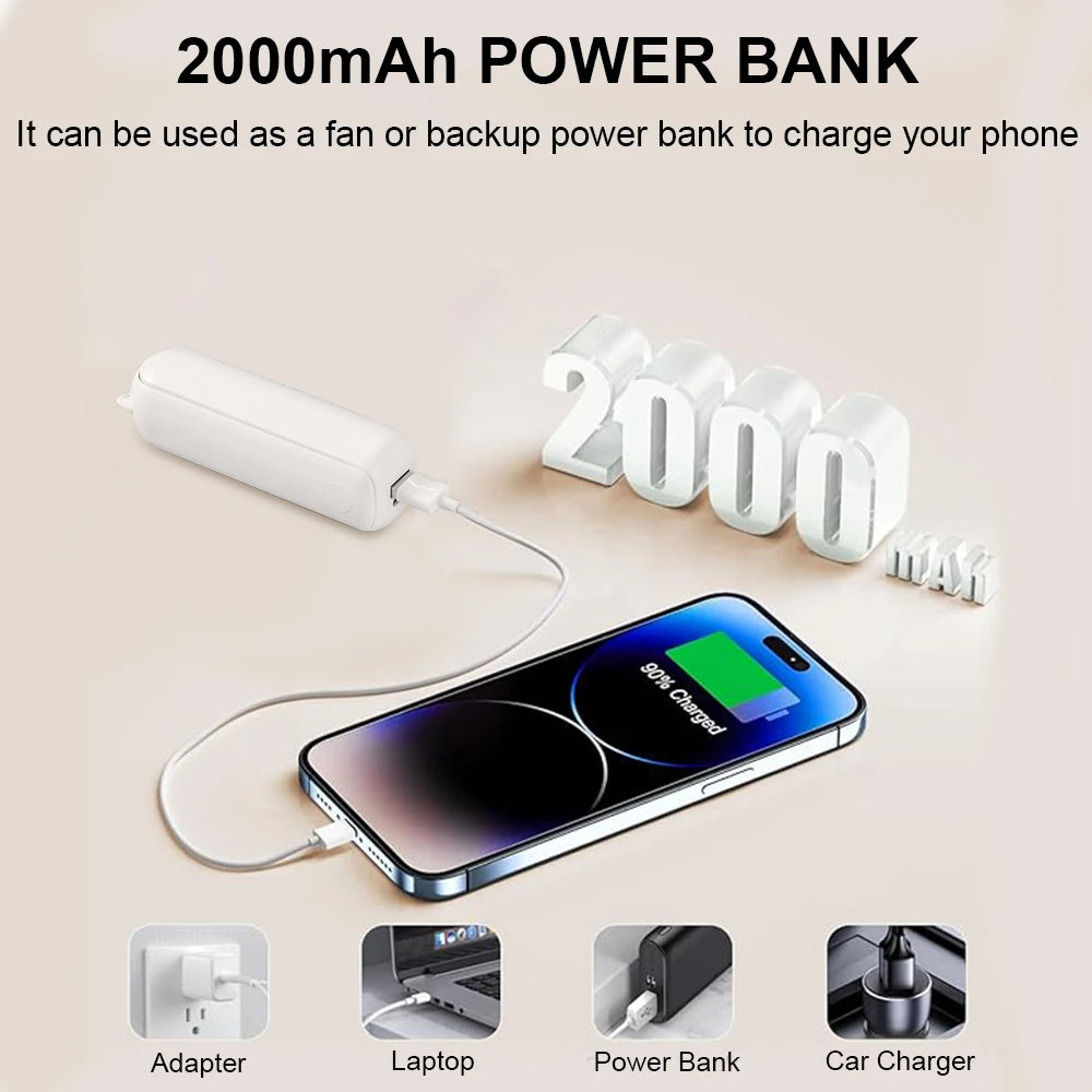 Mini ventilador portátil USB recargable con banco de energía 2000mAh