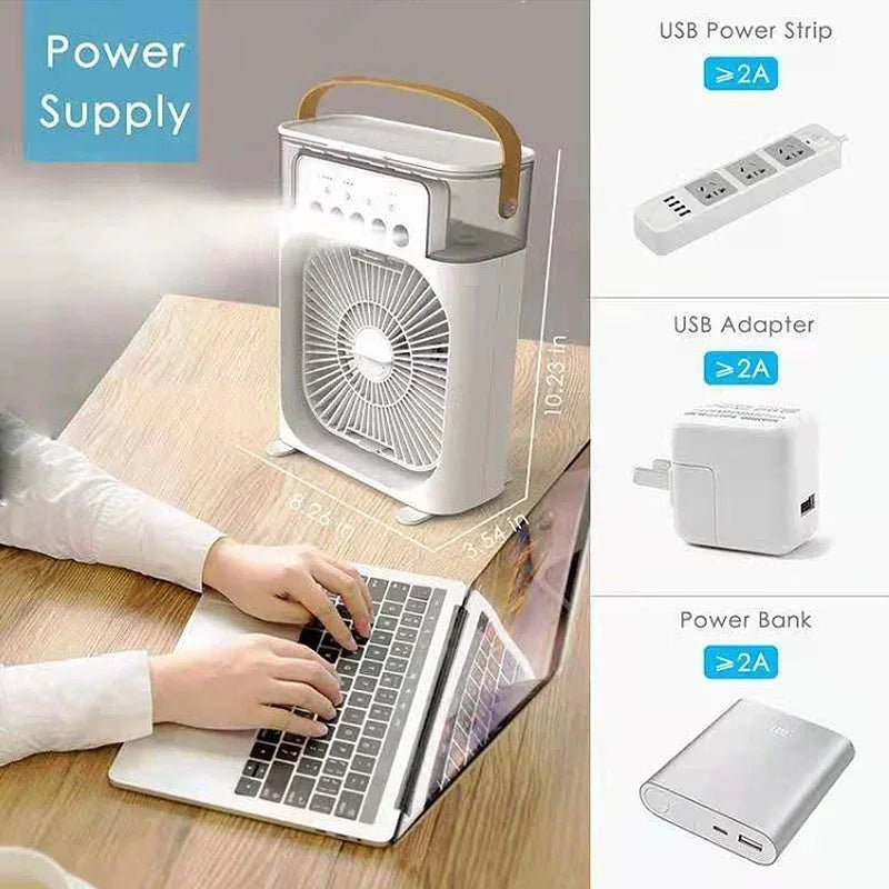 Ventilador 3 en 1 con Humidificador, Enfriador de Aire y Luz LED – Portátil y Silencioso
