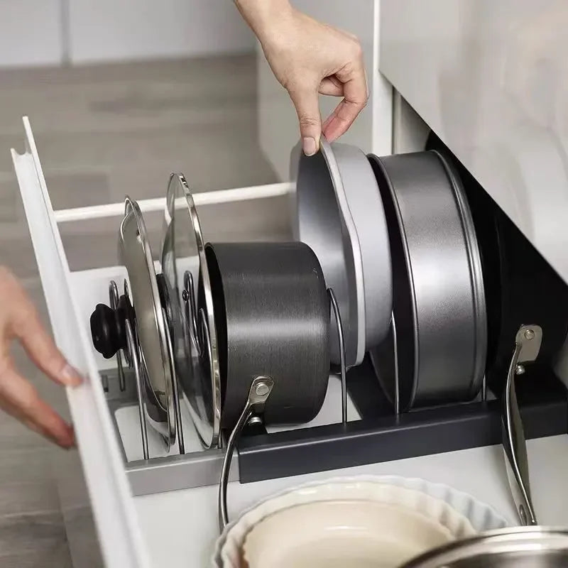 Estante Organizador Expandible para Cocina – Almacenamiento de Acero Inoxidable para Ollas, Sartenes y Utensilios