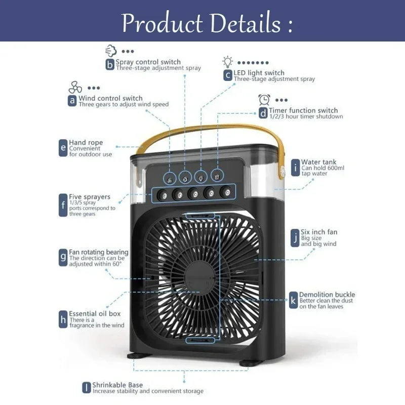 Ventilador 3 en 1 con Humidificador, Enfriador de Aire y Luz LED – Portátil y Silencioso