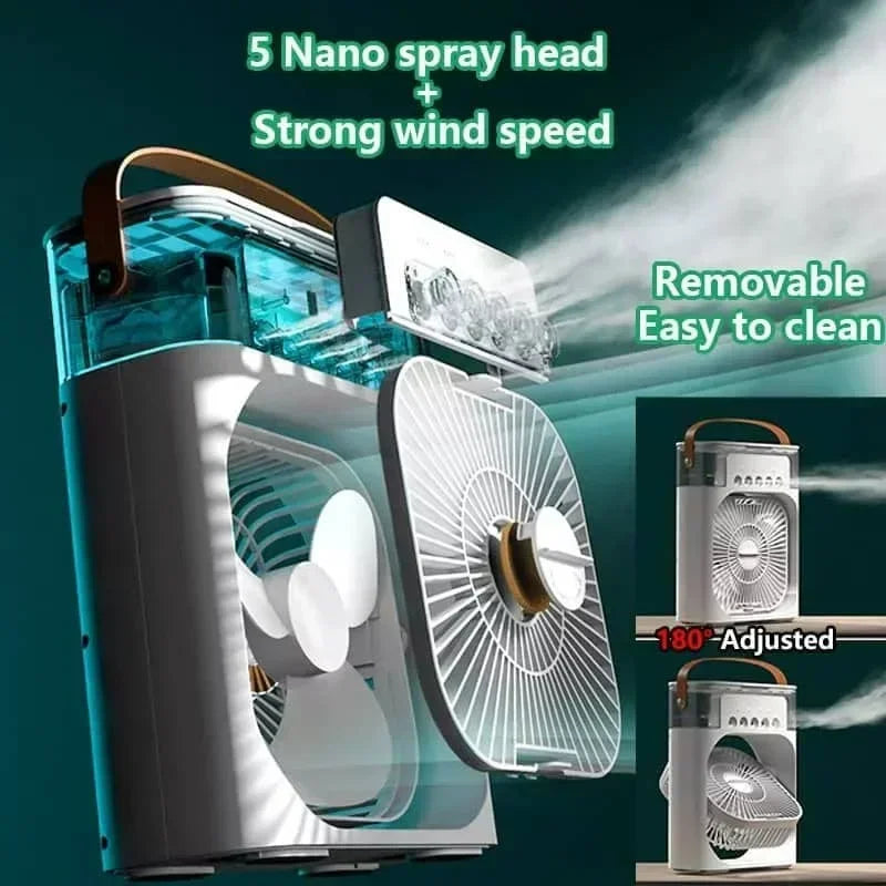 Ventilador 3 en 1 con Humidificador, Enfriador de Aire y Luz LED – Portátil y Silencioso