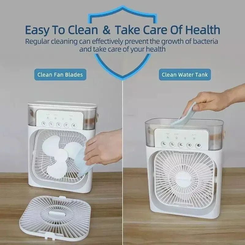 Ventilador 3 en 1 con Humidificador, Enfriador de Aire y Luz LED – Portátil y Silencioso